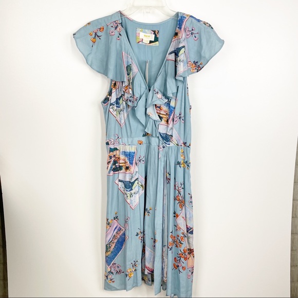 NWT Maeve Anthropologie Rosalia Wrap Dress Size 8 Blue Bird Print Ruffle - Picture 2 of 12
